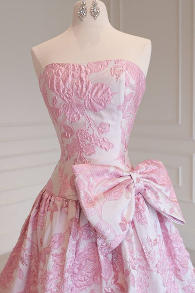 Cute A Line Sweetheart Pink Jacquard Satin Prom Dress with Bow VK16012908