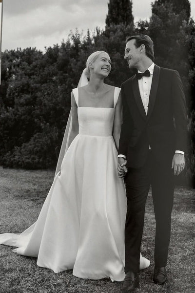 Fashion A Line Square Neck Straps Satin Long Wedding Dresses