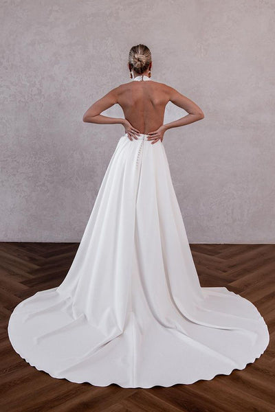 White Satin Halter Wedding Dresses with DetachableTrain VK23111105