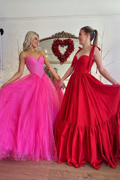 Pink Strapless Tulle A-Line Long Prom Dresses VK24022603