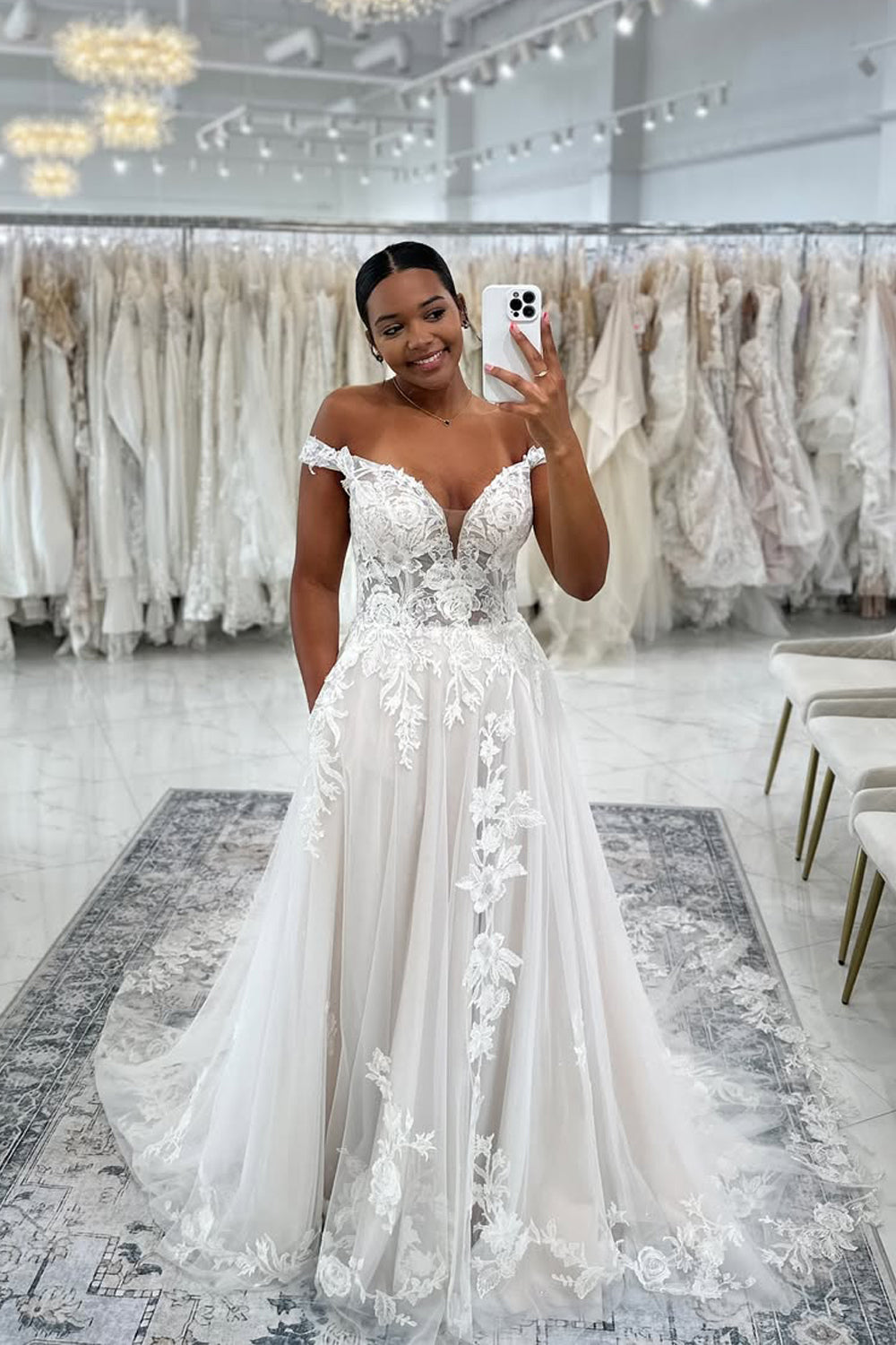Boho A Line Off the Shoulder Tulle Wedding Dresses with Appliques VK25051004