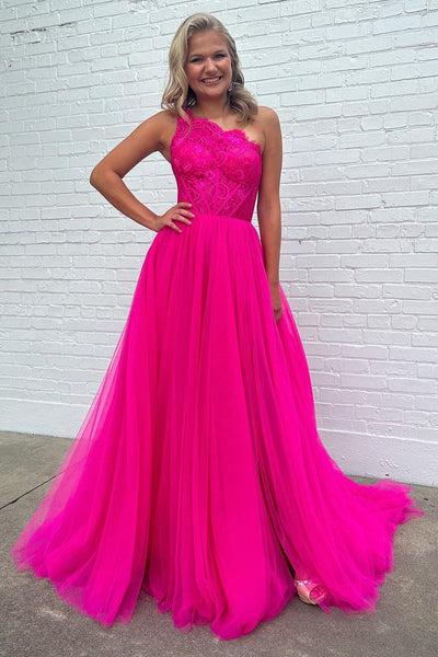 Fuchsia Lace One-Shoulder A-Line Formal Dress with Detachable Sleeves VK23101101