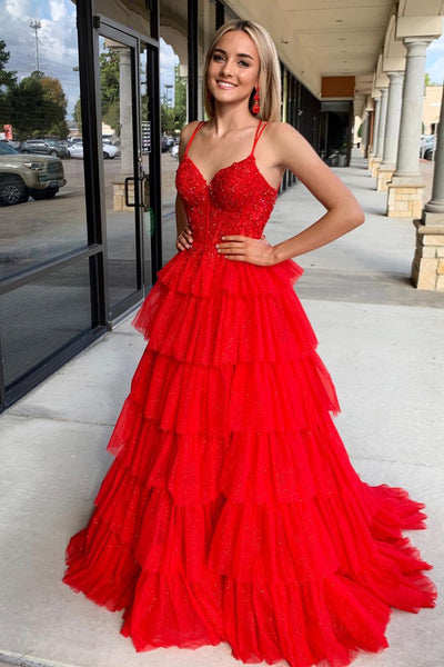 Red Spaghetti Straps Ruffle Tiered Tulle Long Prom Dresses VK24011904