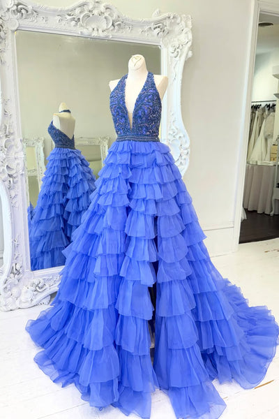 Stunning A-Line Halter Tiered Blue Beaded Prom Dresses with Slit VK26020504