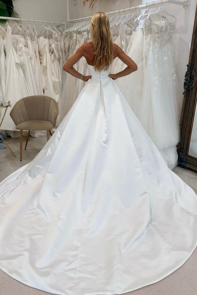 A-Line Strapless White Satin Sequins Wedding Dresses VK26103005