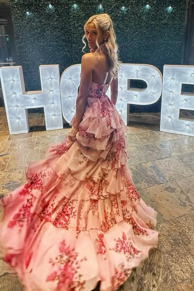 Cute A Line Keyhole Hatler Floral Printed Chiffon Tiered Slit Prom Dress
