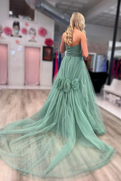 Green Strapless A-Line Tulle Long Prom Dresses VK24032502