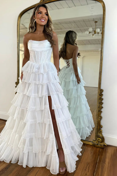 Gorgeous A Line Strapless Daffodial Tiered Chiffon Prom Evening Dresses with Hot Stone VK25052302