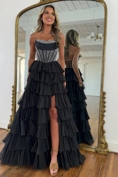 Gorgeous A Line Strapless Daffodial Tiered Chiffon Prom Evening Dresses with Hot Stone VK25052302