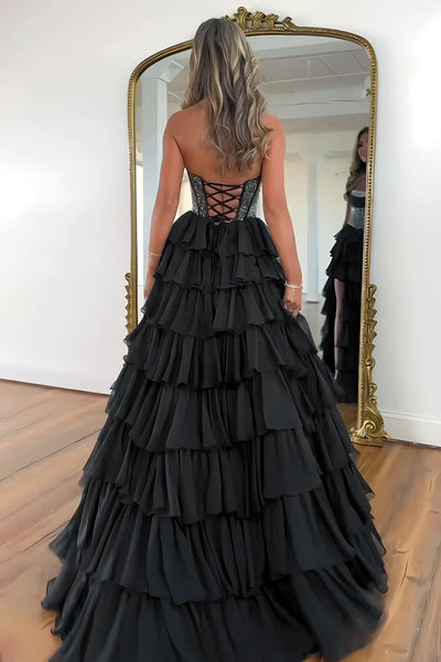 Gorgeous A Line Strapless Daffodial Tiered Chiffon Prom Evening Dresses with Hot Stone VK25052302