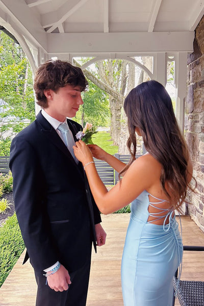 Charming Mermaid V Neck Light Blue Elastic Satin Long Prom Gown VK25060208