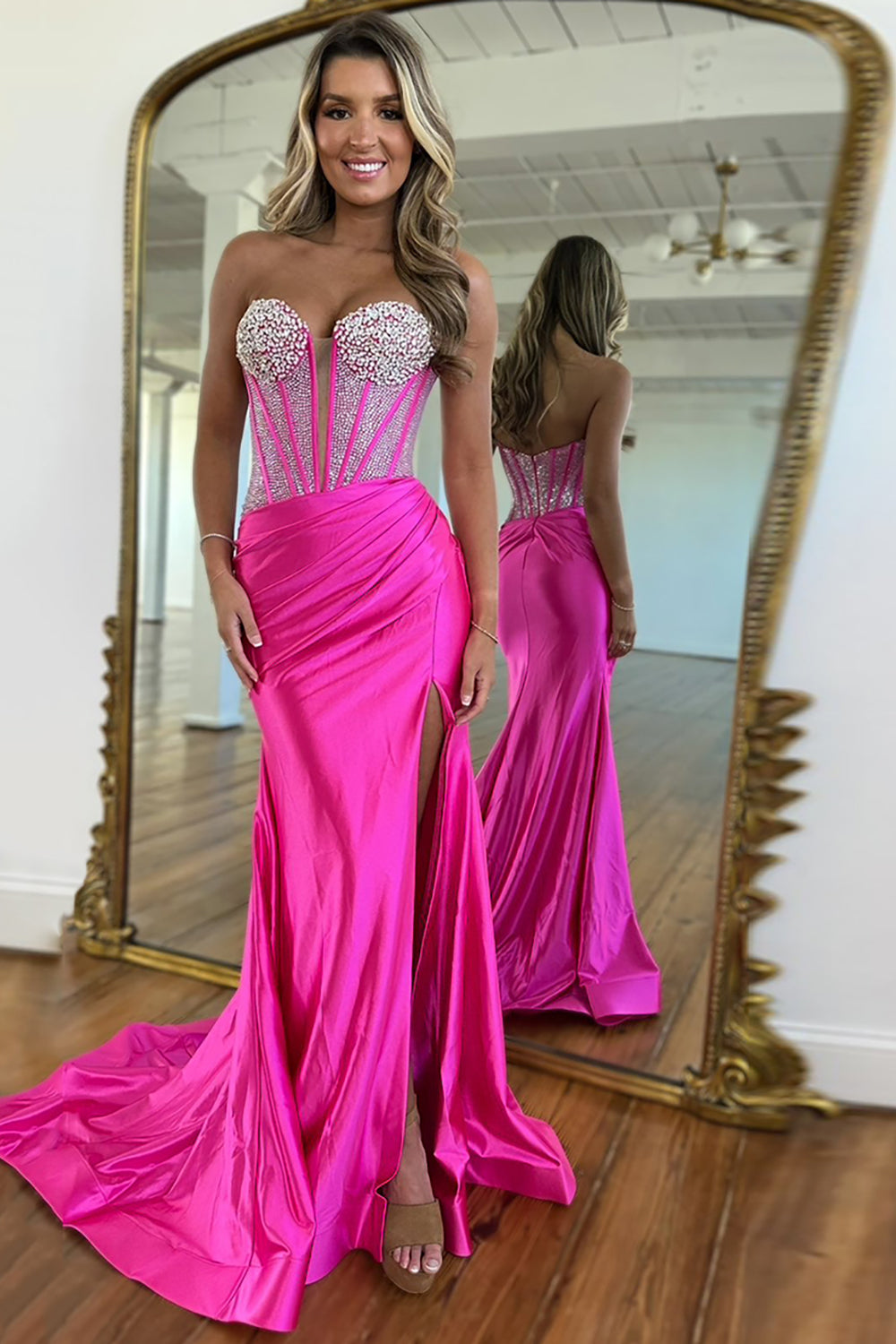 Fuchsia Sweetheart Beadings Mermaid Long Satin Prom Dress with Slit VK022505