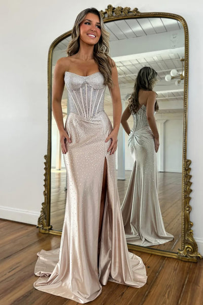 Gorgeous Mermaid Strapless Royal Blue Corset Beaded Prom Dresses with Slit VK26020508