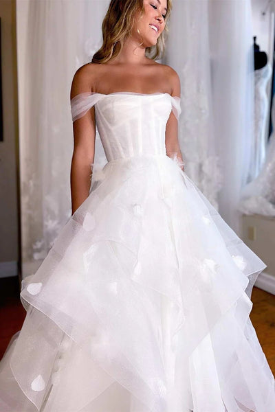 White Off-the-Shoulder Tiered A-Line Wedding Dress with Flowers VK23062604
