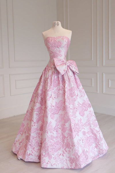 Cute A Line Sweetheart Pink Jacquard Satin Prom Dress with Bow VK16012908