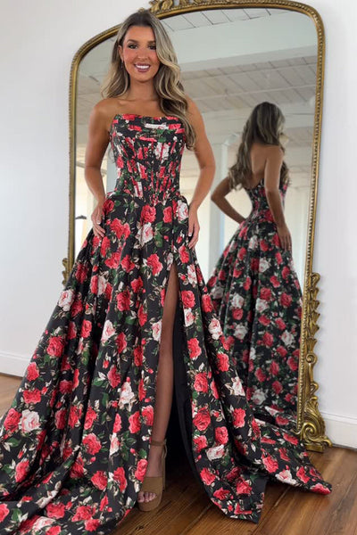 Gorgeous A Line Strapless Floral Satin Prom Dress with Slit VK25100401