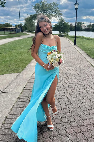 Sheath Spaghetti Straps Blue Silk Satin Prom Dress with Slit VK26031105