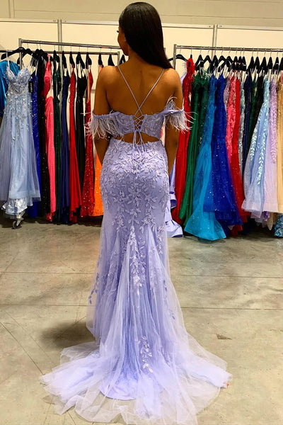 Mermaid Off the Shoulder Lilac Long Prom Dress with Feathers VK23093001