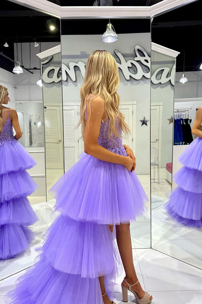 Lilac Tulle V Neck High Low Prom Dresses with Appliques VK24010303