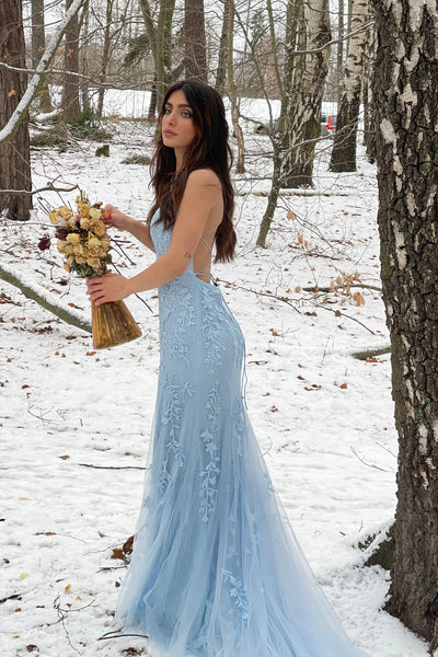Blue Mermaid Tulle Backless Long Prom Dress with Lace VK23092301