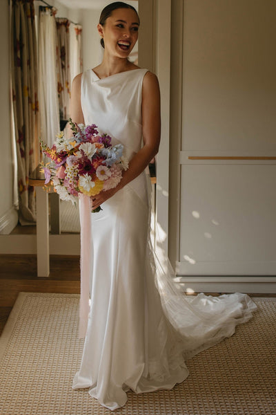 Chic Sheath Boat Neck Silk Satin Wedding Dresses