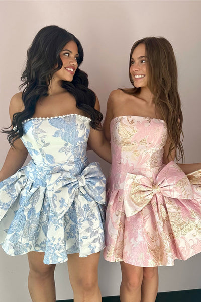 A Line Strapless Light Blue Jacqaurd Satin Homecoming Dress VK26070706