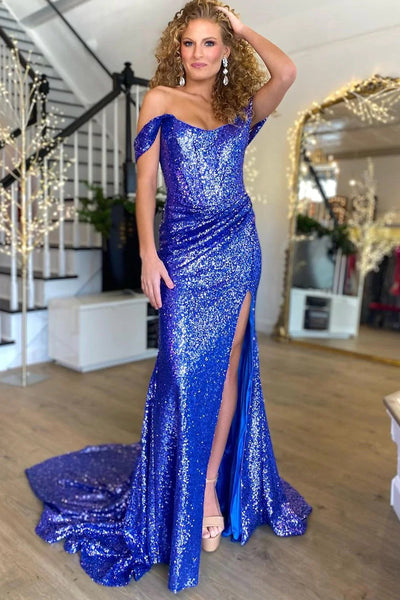 Charming Mermaid Roal Blue Sequins Slit Long Prom Dresses with Removable Off the Shoulder Sleeves VK23011702