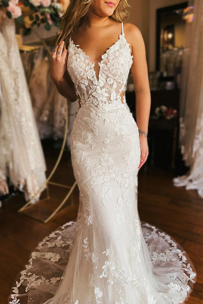 Elegant Mermaid V Neck Lace Wedding Dresses VK24012001