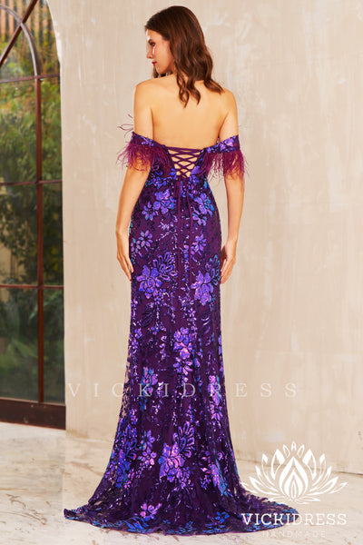 Grape Sequin Lace Off the Shoulder Long Prom Dress with Slit VK23121908