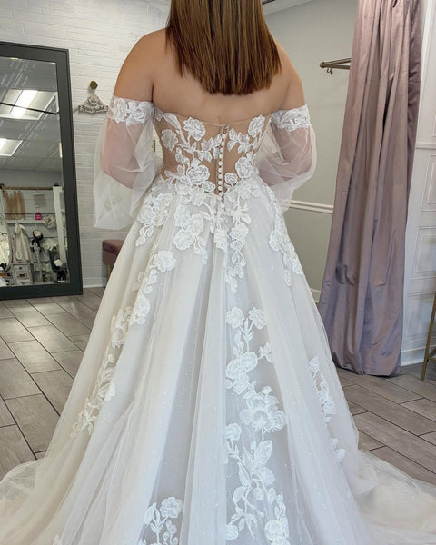 Long Sleeves Beach Bride Wedding Gowns A Line Lace Appliquedd Wedding Dress