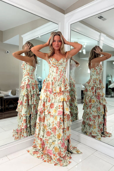 A Line Sweetheart Floral Chiffon Tiered Prom Dress with Slit VK15112703