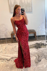 Red Sequin Scoop Neck Long Prom Dresses with Slit VK23111202