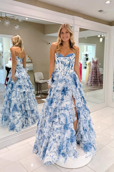 Princess A-Line Strapless Blue Floral Printed Chiffon Long Prom Dresses with Slit VK25031805