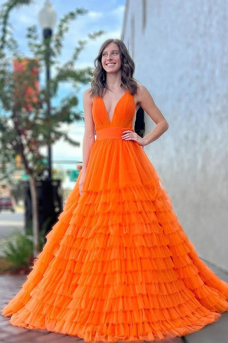 Cute A Line V Neck Orange Tulle Long Prom Dresses VK112301