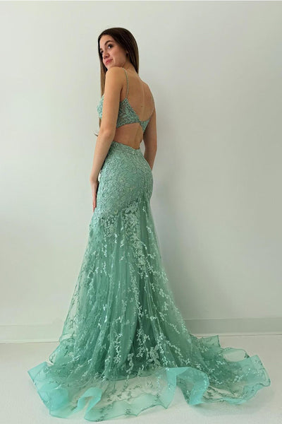 Green V Neck Lace Mermaid Long Prom Dresses VK24011004