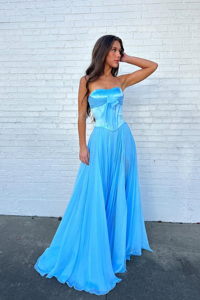 Cute A Line Sweetheart Blue Chiffon Prom Dress with Bow VK5111408
