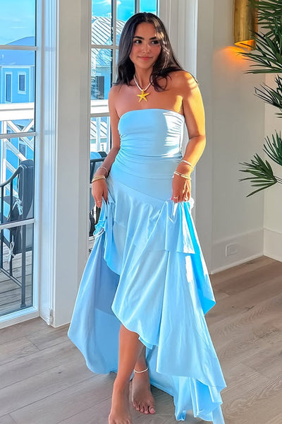 Unique Strapless Light Blue Elastic Satin Irregular Hem Long Prom Dresses VK26010506