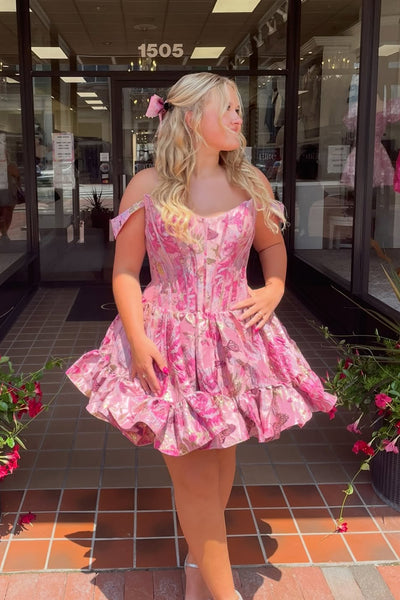 Cute A Line Off the Shoulder Lavender Jacquard Satin Short Homecoming Dress VK25081201