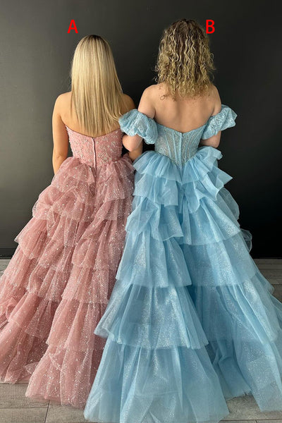 Blush Pink Strapless Tiered Tulle Long Prom Dresses with Beading VK24022801