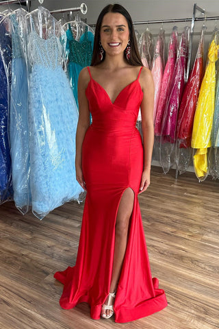 Red V-Neck Open Back Mermaid Long Formal Dress with Slit VK23102610