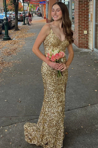 Gold Sequin V-Neck Backless Mermaid Long Formal Dress VK23122409