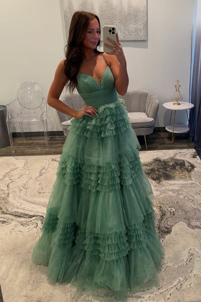 A-Line V Neck Sage Green Tulle Long Prom Dresses VK022405