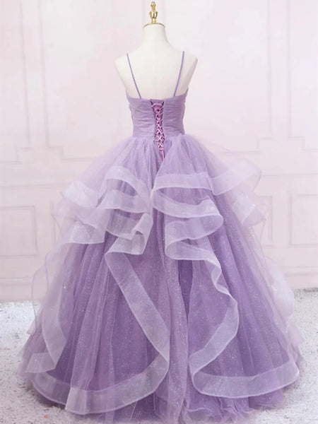 Sparkly Ball Gown V Neck Lavender Tulle Long Prom Dresses VK23050404