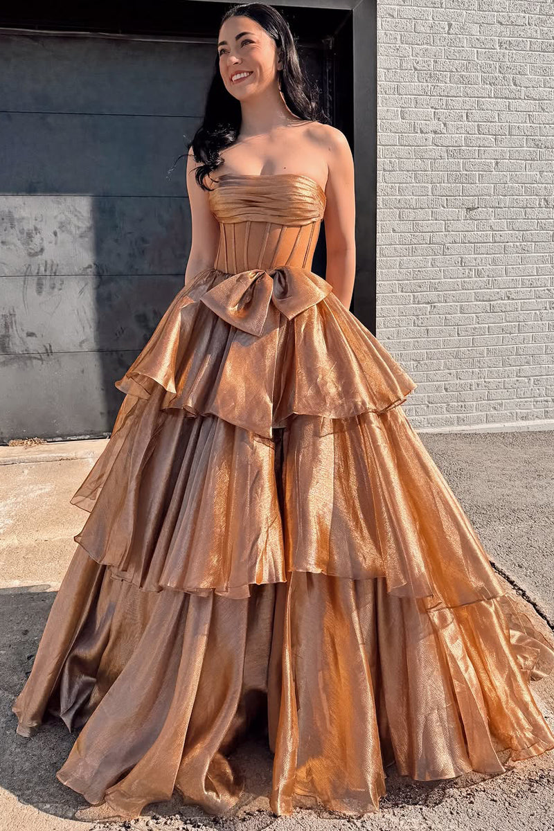 Ball Gown Strapless Gold Organza Tiered Prom Dress with Bow VK020508