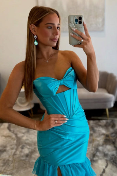 Cute Sheath Sweetheart Blue Tiered Long Prom Dress with Slit VK16020302