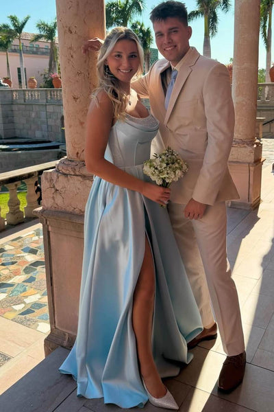 Elegant A-Line Strapless Blue Satin Long Prom Dresses with Slit VK26011502