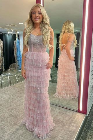 Pink Scoop Neck Sequins Ruffle Tiered Sheath Prom Dresses VK24032003