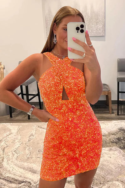Sparkly Bodycon Halter Neck Backless Red Sequins Homecoming Dress VK23082812