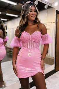 Sparkly Pink Corset Detachable Short Sleeves Sequins Tight Short Homecoming Dress with Lace VK23083109