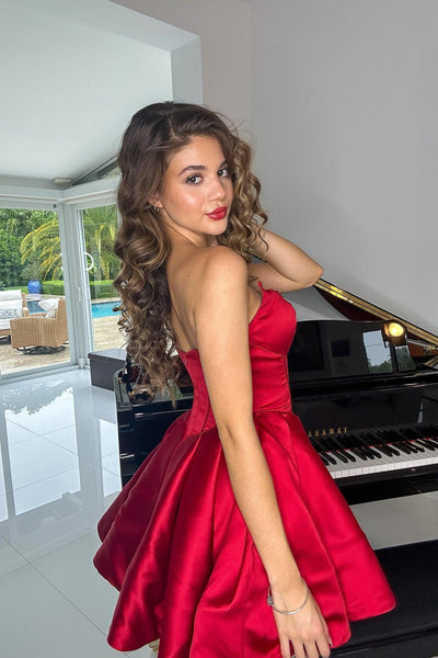Sweetheart Red Satin A-line Short Homecoming Dresses VK23082203